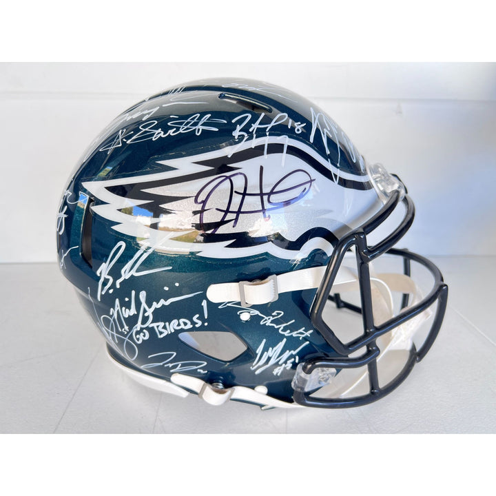 Saquon Barkley, AJ Brown, Jalen Hurts 2024 Philadelphia Eagles Riddell full size helmet 40 sigs signed with photo proof