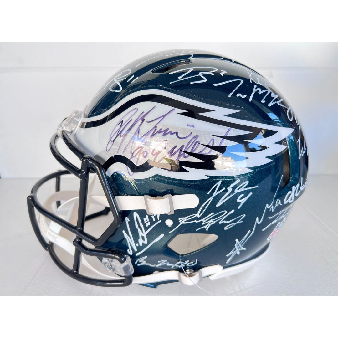 Saquon Barkley, AJ Brown, Jalen Hurts 2024 Philadelphia Eagles Riddell full size helmet 40 sigs signed with photo proof