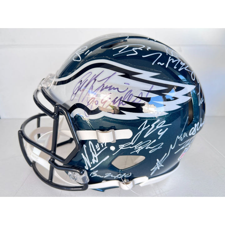 Saquon Barkley, AJ Brown, Jalen Hurts 2024 Philadelphia Eagles Riddell full size helmet 40 sigs signed with photo proof