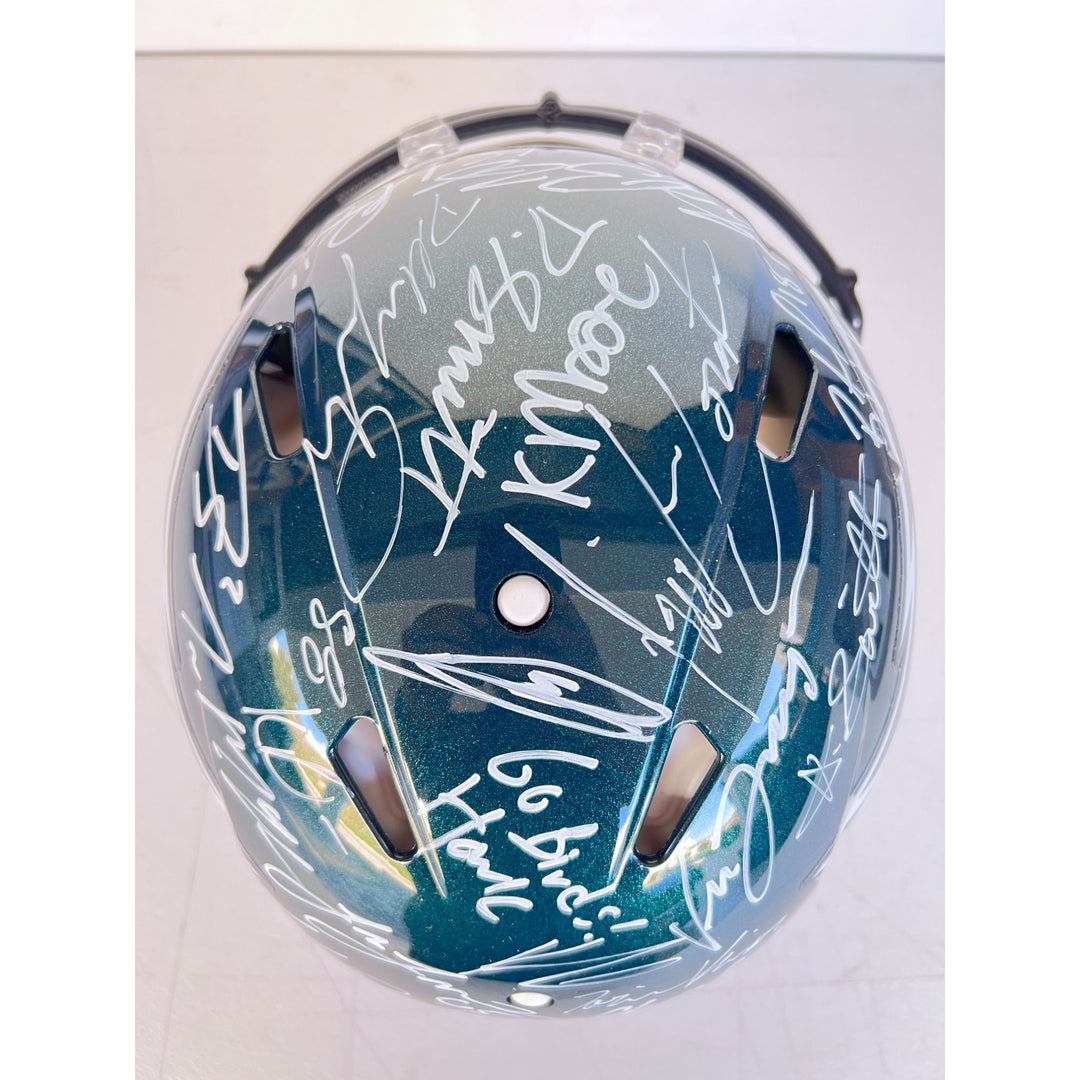 Saquon Barkley, AJ Brown, Jalen Hurts 2024 Philadelphia Eagles Riddell full size helmet 40 sigs signed with photo proof