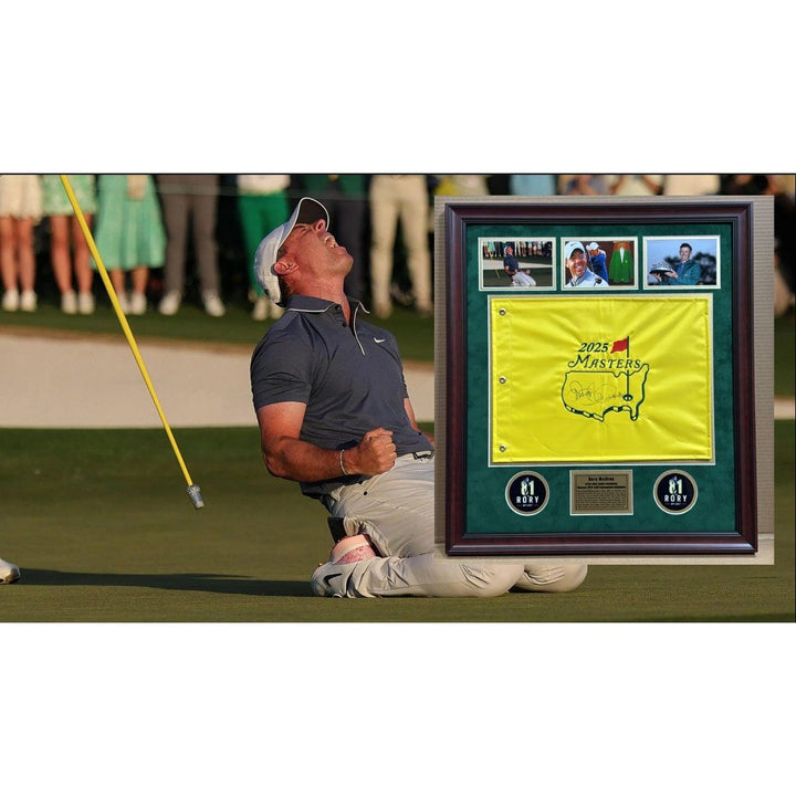 Rory McIlroy 2025 Masters champion signed Masters flag with museum quality frame & proof 28x38x2