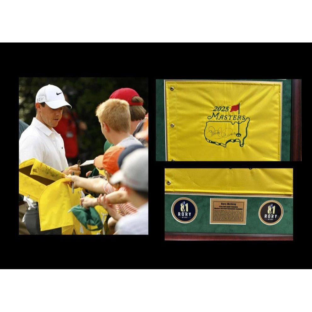 Rory McIlroy 2025 Masters champion signed Masters flag with museum quality frame & proof 28x38x2