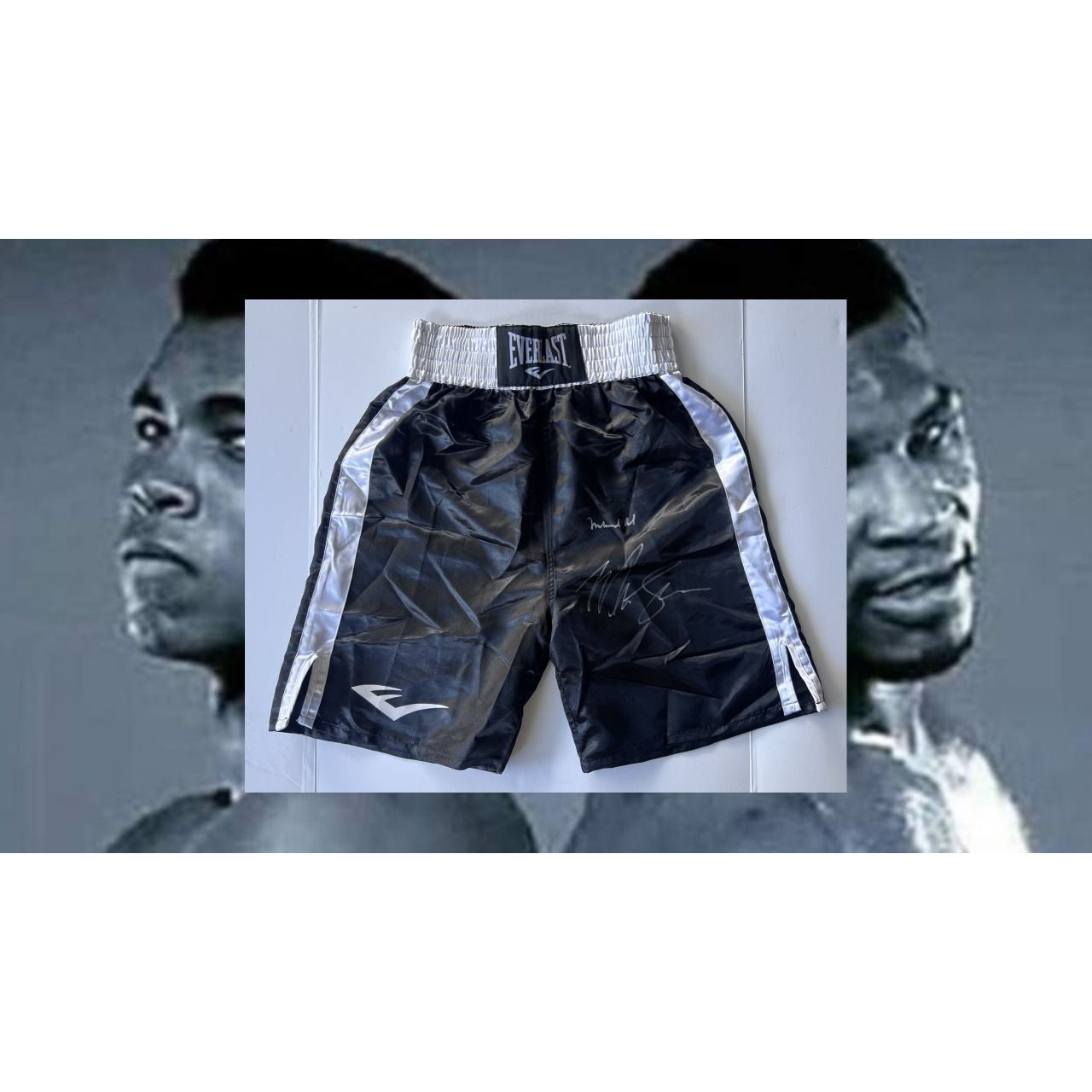 Muhamed Ali and Mike Tyson Everlast boxing shorts signed with proof -