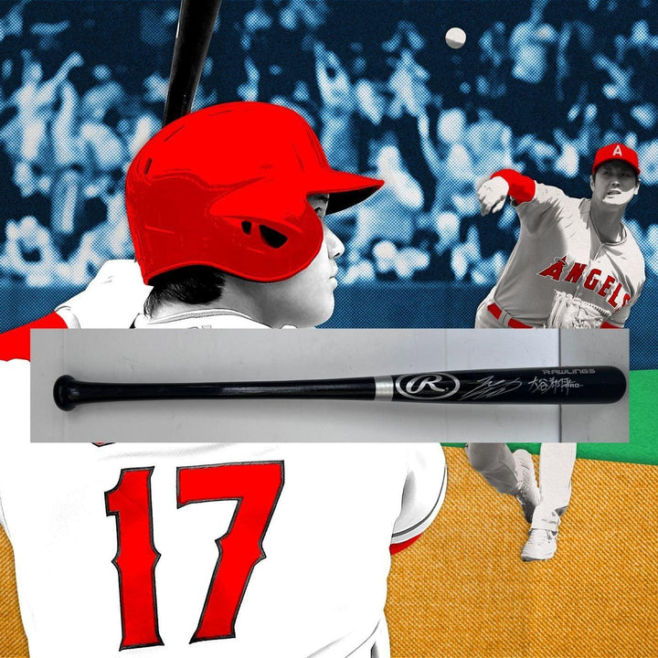 Baseball player in red helmet and jersey, black bat overlay, pitcher in action, blue crowd backdrop.