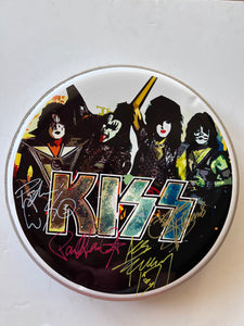 Kiss Gene Simmons, Paul Stanley, Peter Chris, Ace Frehley one-of-a-kind drumhead signed with proof