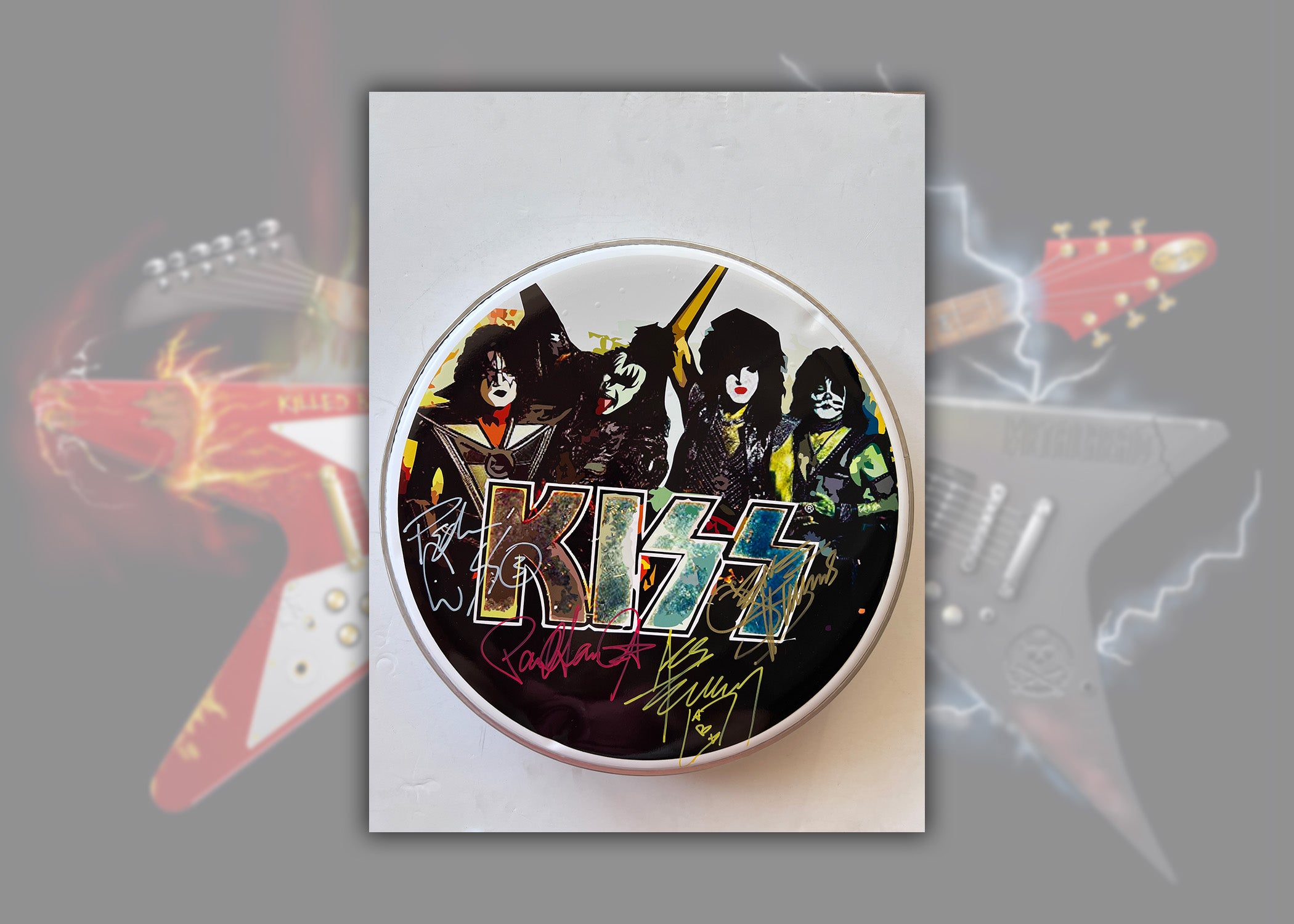 Kiss Gene Simmons, Paul Stanley, Peter Chris, Ace Frehley one-of-a-kind drumhead signed with proof