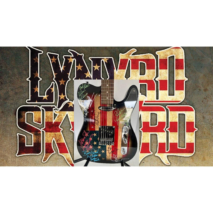 Lynyrd Skynyrd  Jonnie Van Zant, Gary Rossington,  Bob Burns  Leon Wilkeson, Billy Powell, Ed King American Flag electric guitar signed