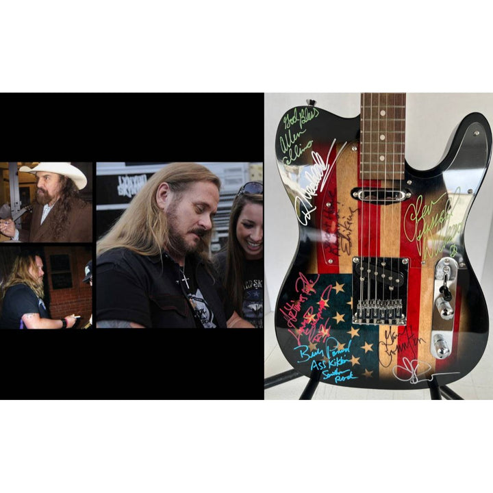 Lynyrd Skynyrd  Jonnie Van Zant, Gary Rossington,  Bob Burns  Leon Wilkeson, Billy Powell, Ed King American Flag electric guitar signed
