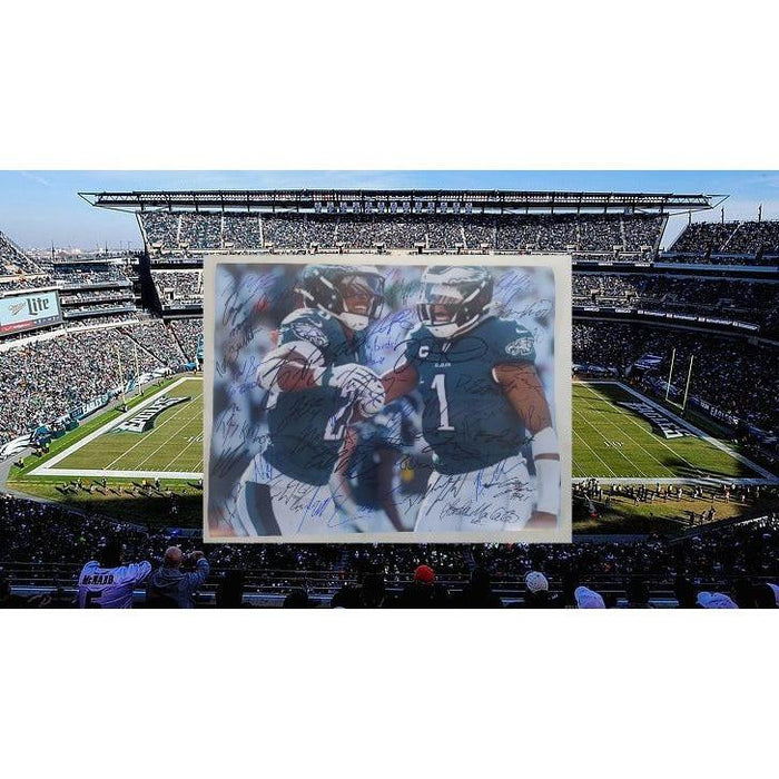 Saquon Barkley & Jalen Hurts 202416x20 Philadelphia Eagles NFC Champs team signed (40 plus signatures) with proof