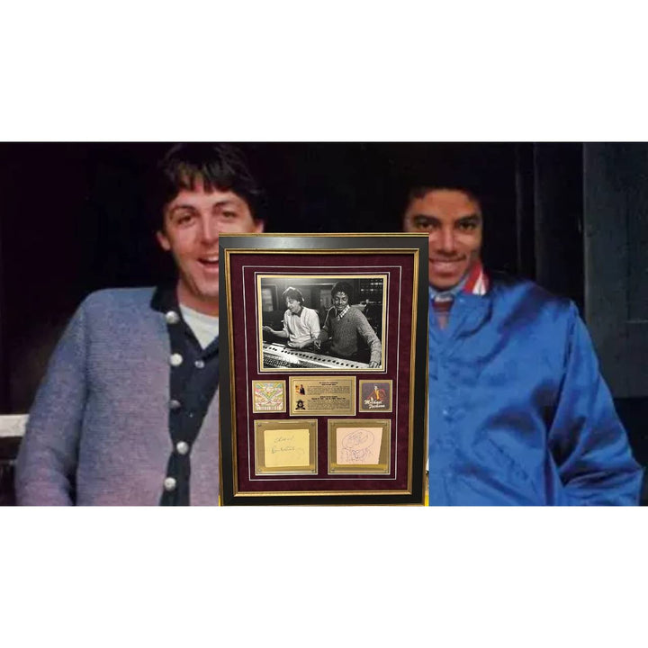 Michael Jackson and Paul McCartney signed with inscription (Paul) and sketch (MJ) vintage signatures with museum quality frame 24x30.
