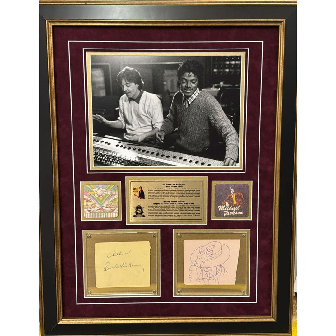 Michael Jackson and Paul McCartney signed with inscription (Paul) and sketch (MJ) vintage signatures with museum quality frame 24x30.
