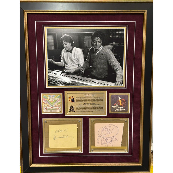 Michael Jackson and Paul McCartney signed with inscription (Paul) and sketch (MJ) vintage signatures with museum quality frame 24x30.