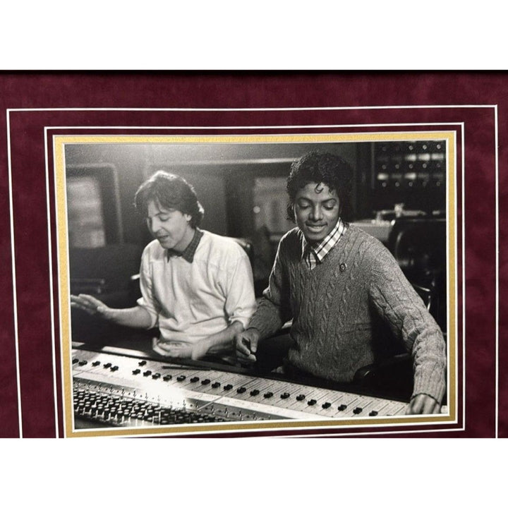 Michael Jackson and Paul McCartney signed with inscription (Paul) and sketch (MJ) vintage signatures with museum quality frame 24x30.