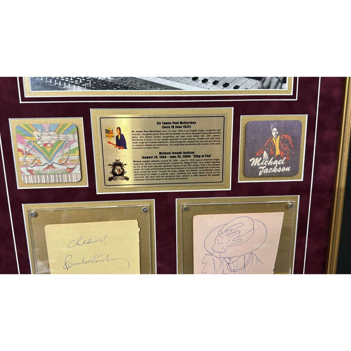 Michael Jackson and Paul McCartney signed with inscription (Paul) and sketch (MJ) vintage signatures with museum quality frame 24x30.