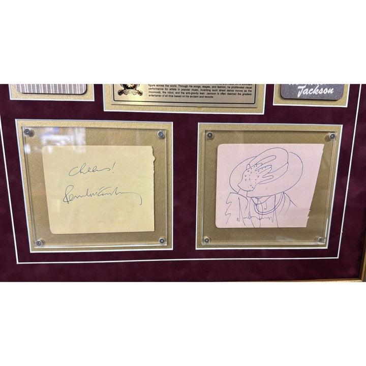 Michael Jackson and Paul McCartney signed with inscription (Paul) and sketch (MJ) vintage signatures with museum quality frame 24x30.