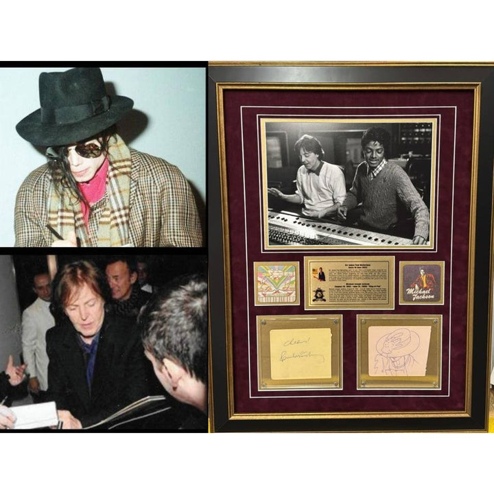 Michael Jackson and Paul McCartney signed with inscription (Paul) and sketch (MJ) vintage signatures with museum quality frame 24x30.