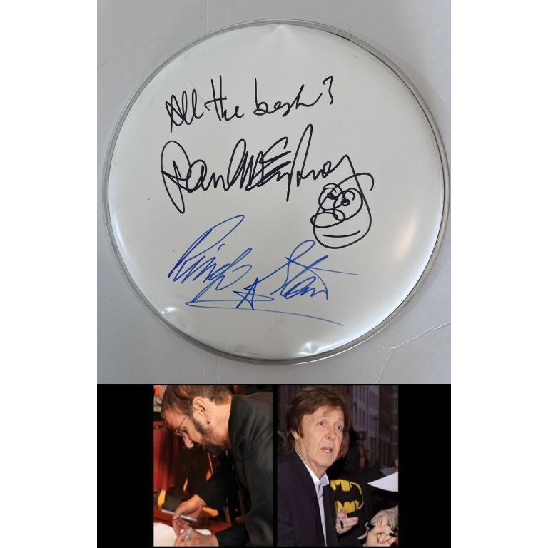 The Beatles Ringo Starr and Paul McCartney drumhead signed with proof