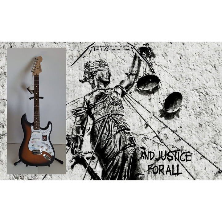 Metallica vintage signed James Hetfield, Lars Ulrich, Kirk Hammett, Jason Newst Fender Stratocaster Squier electric guitar signed with proof