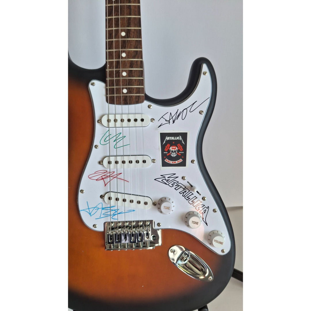 Metallica vintage signed James Hetfield, Lars Ulrich, Kirk Hammett, Jason Newst Fender Stratocaster Squier electric guitar signed with proof