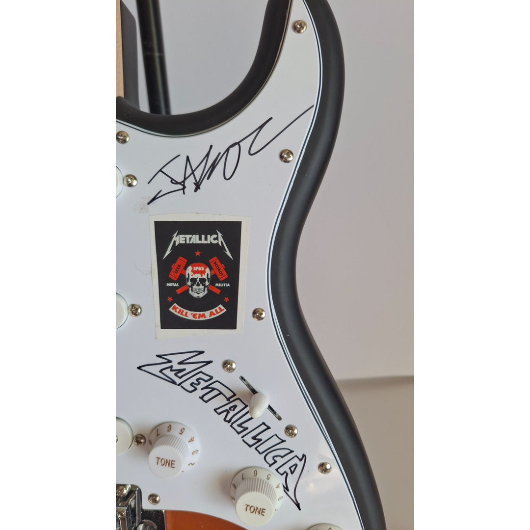 Metallica vintage signed James Hetfield, Lars Ulrich, Kirk Hammett, Jason Newst Fender Stratocaster Squier electric guitar signed with proof