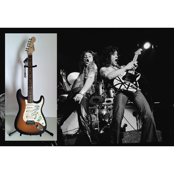 Eddie & Ale Van Halen, Michael Anthony, David Lee Roth, Sammy Hagar, Fender Stratocaster electric guitar signed with proof