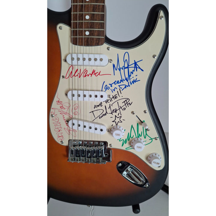 Eddie & Ale Van Halen, Michael Anthony, David Lee Roth, Sammy Hagar, Fender Stratocaster electric guitar signed with proof