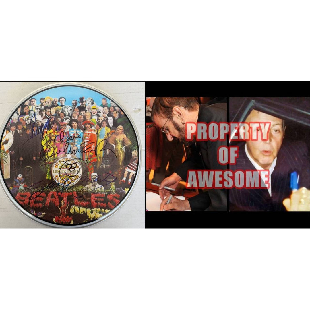 Sir George MartinRingo Starr Paul McCartney  drumhead signed with proof.