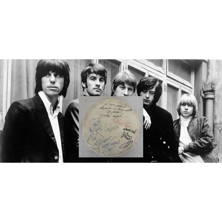 The Yardbirds Eric Clapton, Jimmy Page, Jeff Beck, Chris Dreja, Jim McCarthy Tambourine 8" signed with proof.