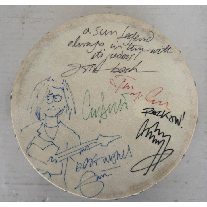 The Yardbirds Eric Clapton, Jimmy Page, Jeff Beck, Chris Dreja, Jim McCarthy Tambourine 8" signed with proof.