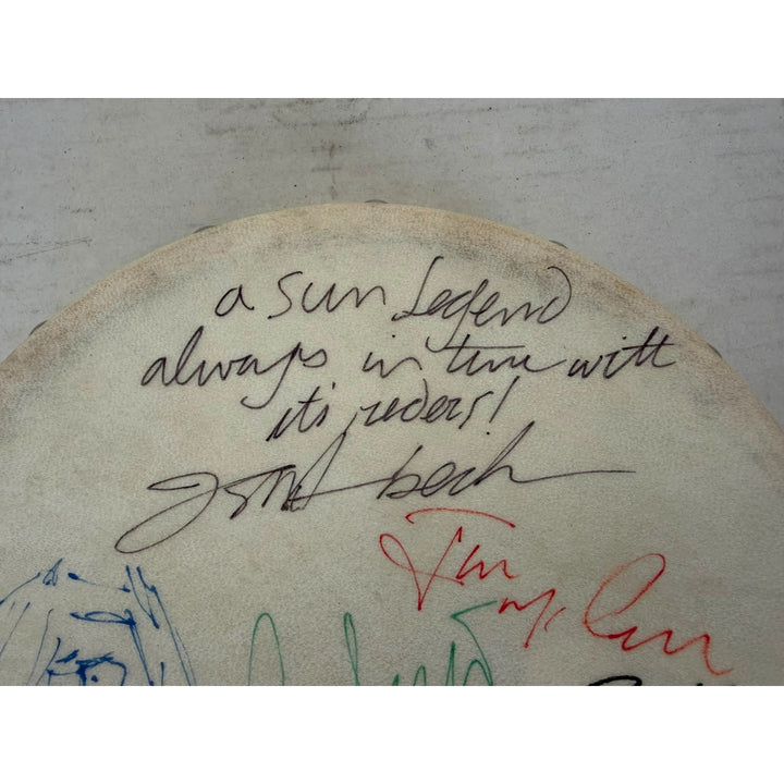 The Yardbirds Eric Clapton, Jimmy Page, Jeff Beck, Chris Dreja, Jim McCarthy Tambourine 8" signed with proof.