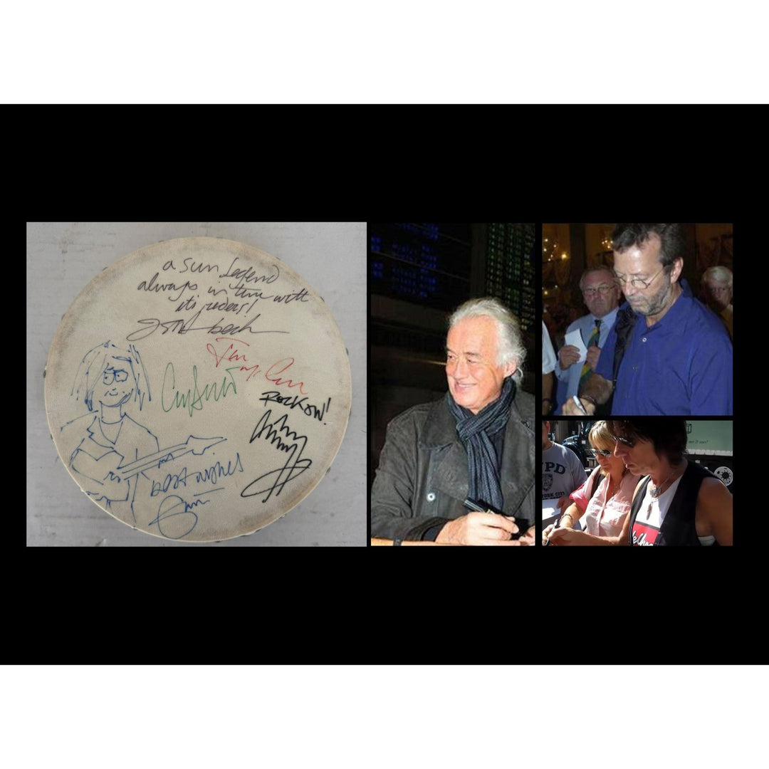 The Yardbirds Eric Clapton, Jimmy Page, Jeff Beck, Chris Dreja, Jim McCarthy Tambourine 8" signed with proof.