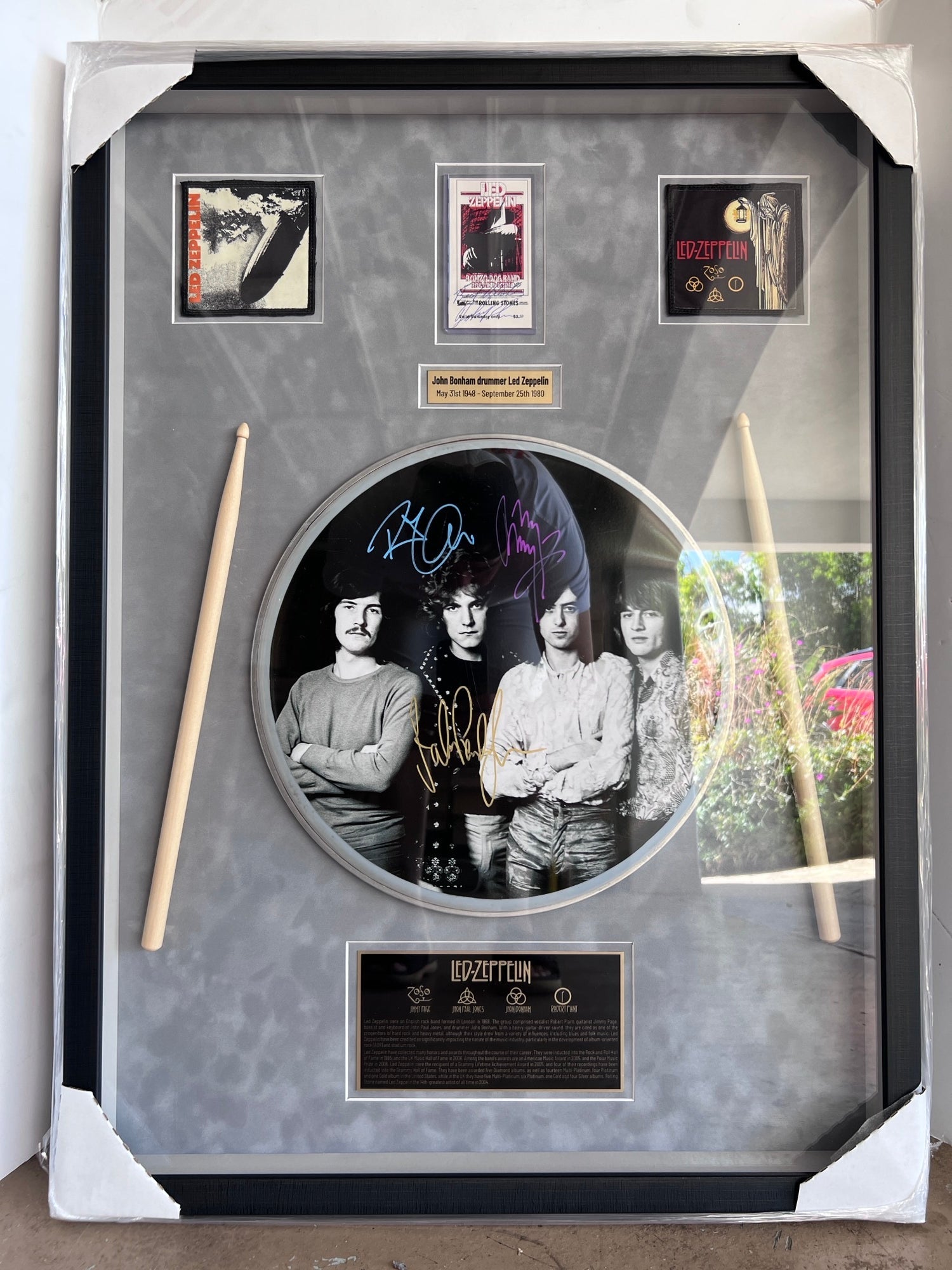 Led Zeppelin John Bonham, Jimmy Page, Robert Plant, John Paul Jones signed and framed 33x24