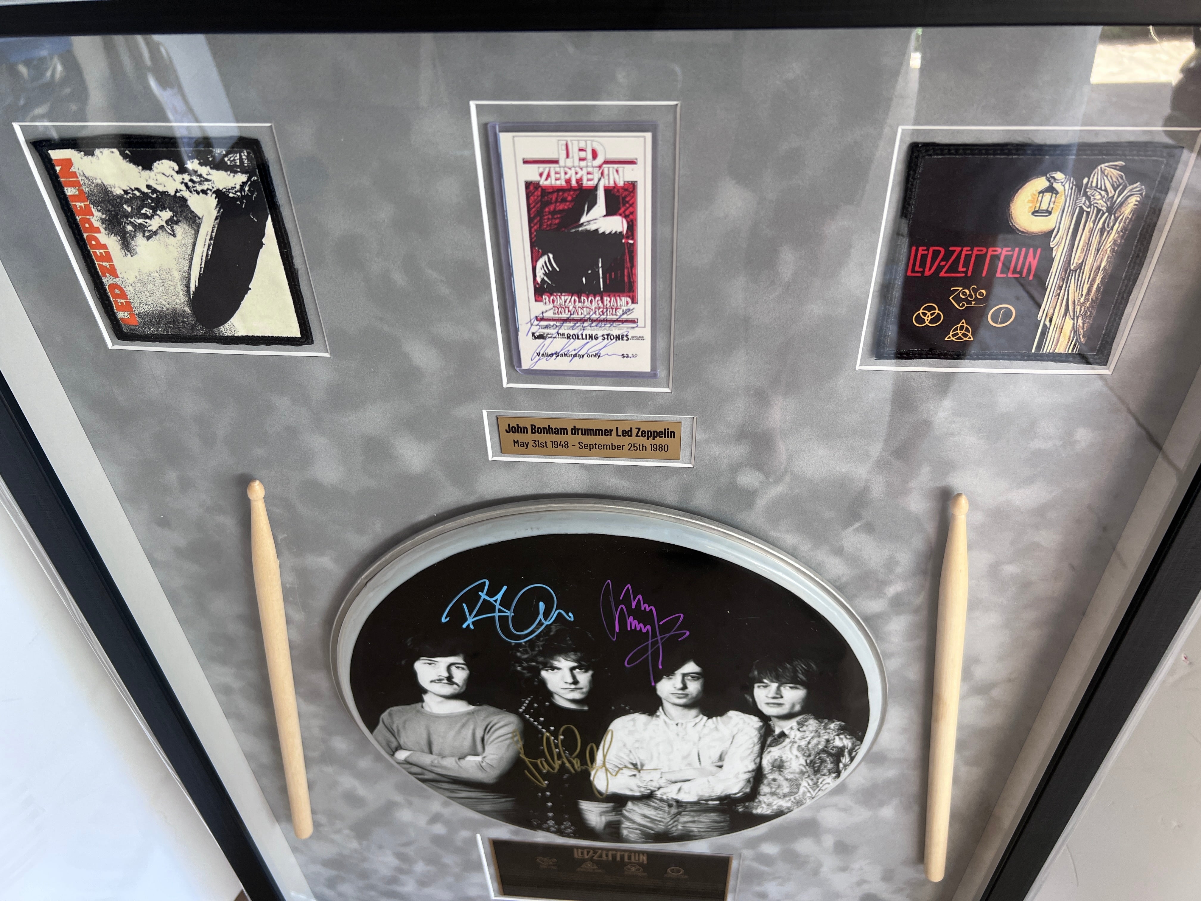 Led Zeppelin John Bonham, Jimmy Page, Robert Plant, John Paul Jones signed and framed 33x24