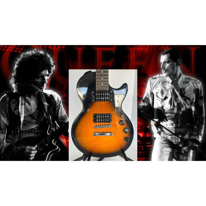 Sunburst electric guitar centered, flanked by two musicians in black and white on a red background.
