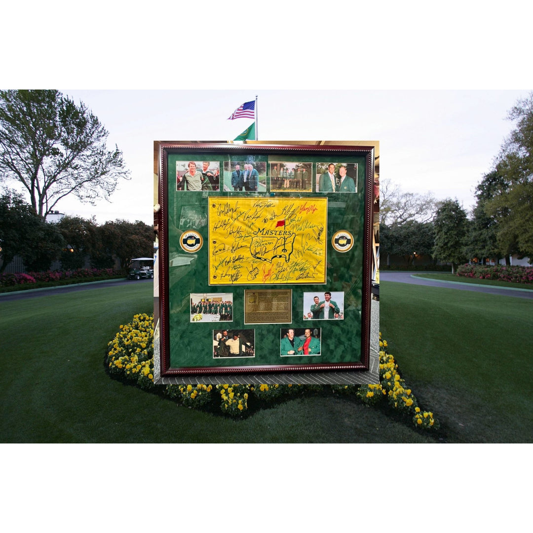 Masters golf tournament champions 34 winners pin flag Tiger Woods Arnold Palmer Jack Nicklaus signed with proof.