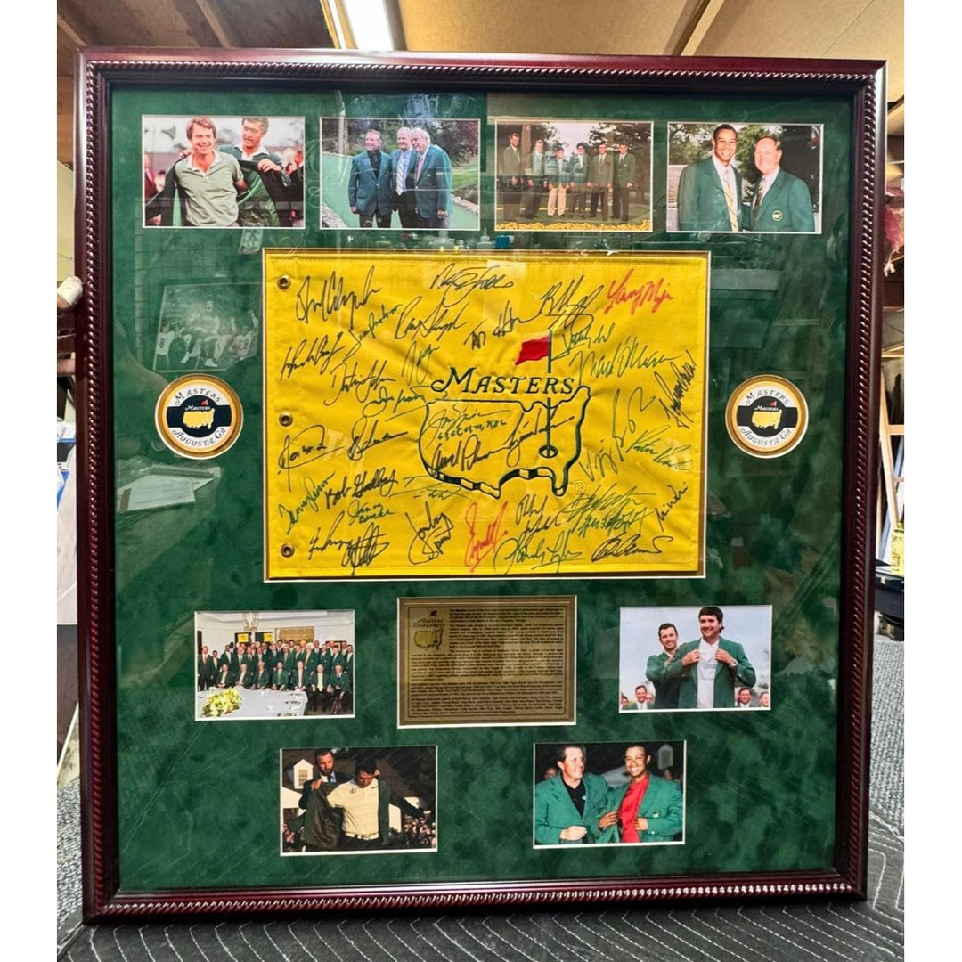 Masters golf tournament champions 34 winners pin flag Tiger Woods Arnold Palmer Jack Nicklaus signed with proof.