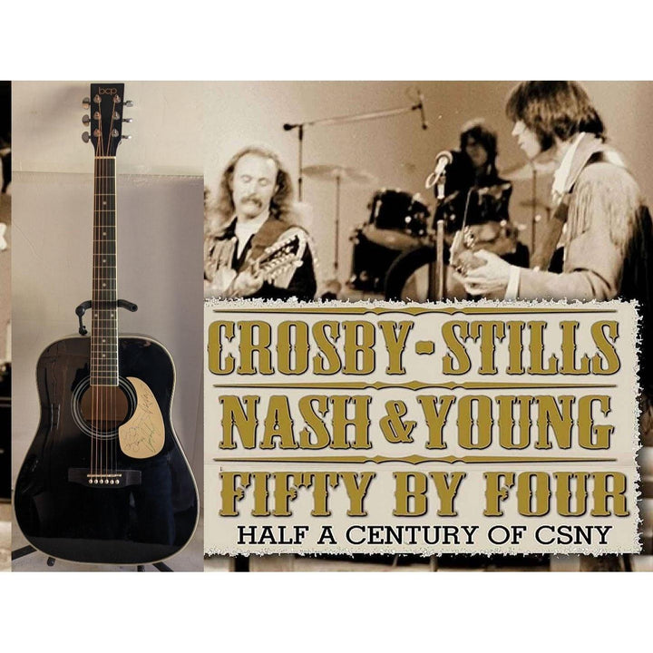 A black acoustic guitar and sepia photo of a band with text: "Crosby, Stills, Nash & Young."