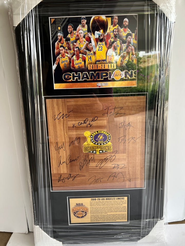 Los Angeles Lakers LeBron James, Anthony Davis NBA champions 2019-20 team parquet floorboard signed & framed 32x18 with proof