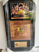 Load image into Gallery viewer, Los Angeles Lakers LeBron James, Anthony Davis NBA champions 2019-20 team parquet floorboard signed &amp; framed 32x18 with proof
