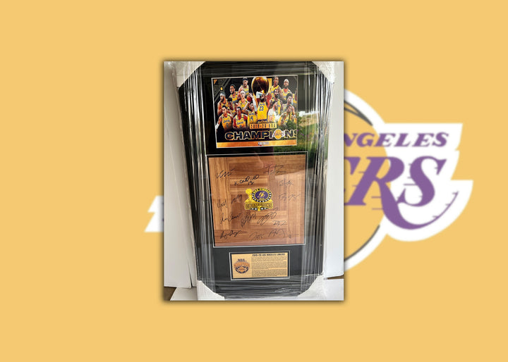 Los Angeles Lakers LeBron James, Anthony Davis NBA champions 2019-20 team parquet floorboard signed & framed 32x18 with proof