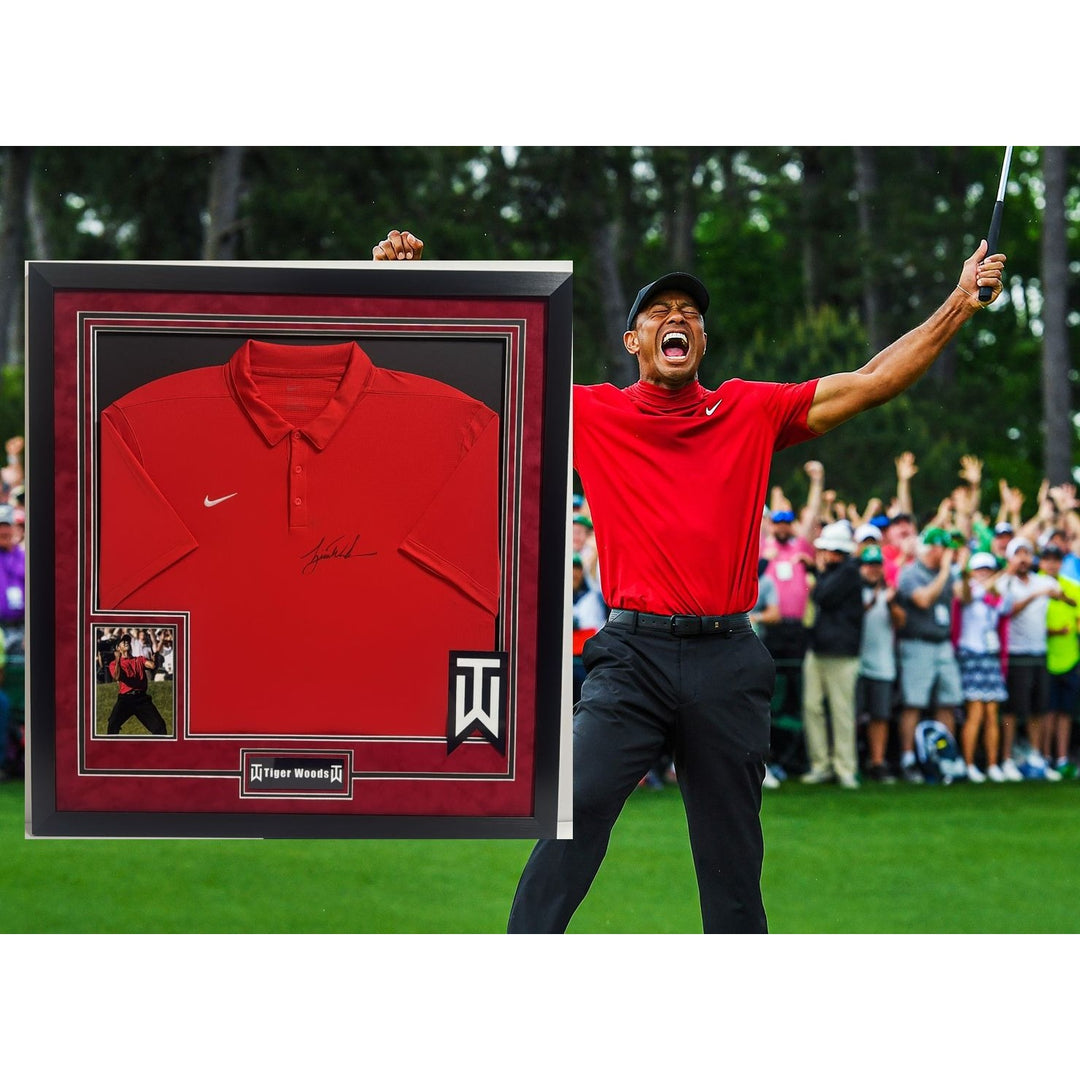 Tiger Woods Masters Champion Sundays Nike golf shirt signed with proof and museum quality frame 33x35