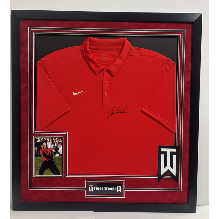 Tiger Woods Masters Champion Sundays Nike golf shirt signed with proof and museum quality frame 33x35