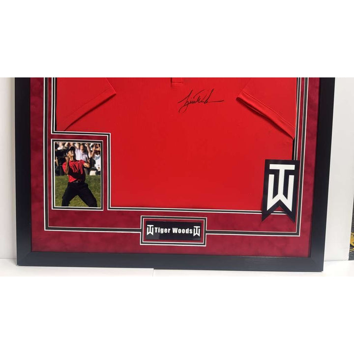 Tiger Woods Masters Champion Sundays Nike golf shirt signed with proof and museum quality frame 33x35