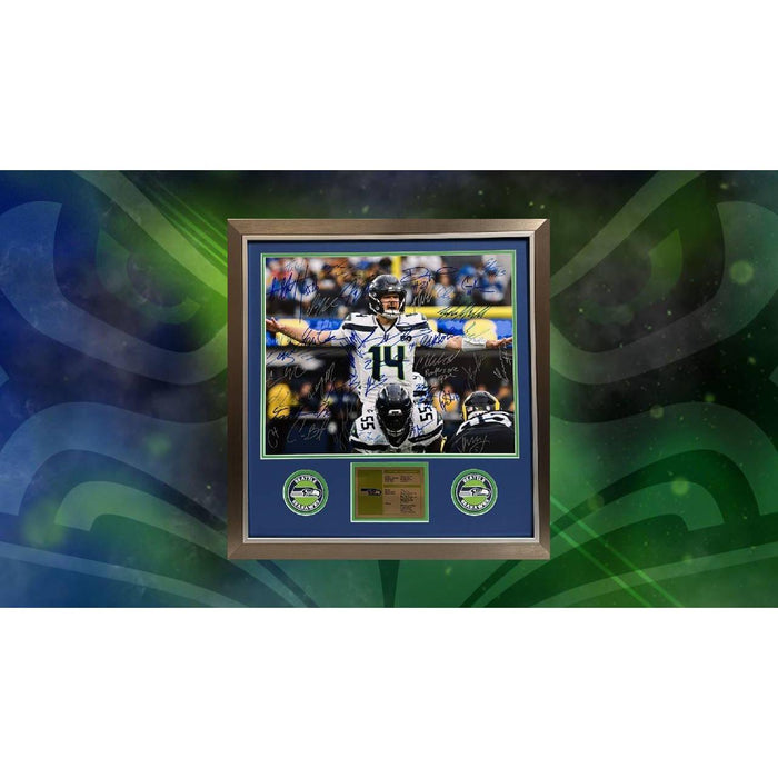 Sam Darnold Seattle Seahawks 16x20 photo 2025 team signed with 40 plus signatures and a  museum quality frame 26x27 plexi with proof