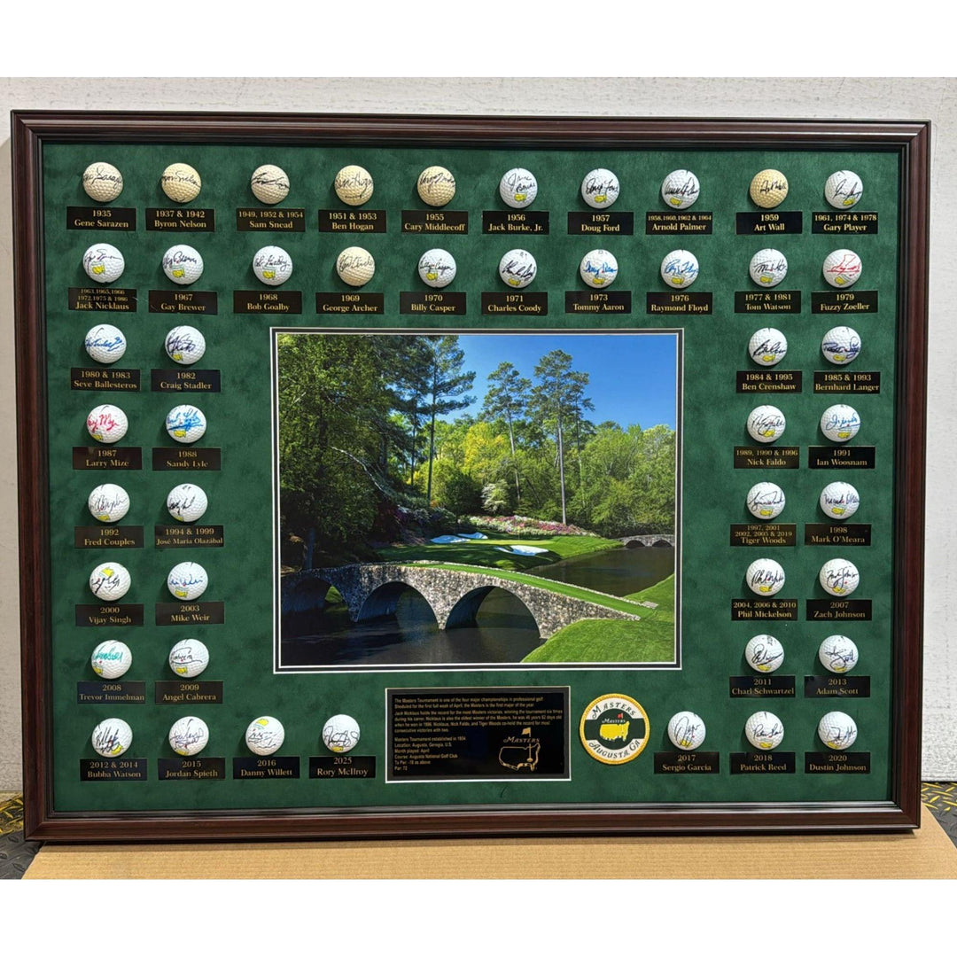 Masters Champions golf balls 45 in all Tiger Woods, Jack Nicklaus, Rory Mcllroy Ben Hogan, Arnold Palmer framed and signed with proof.