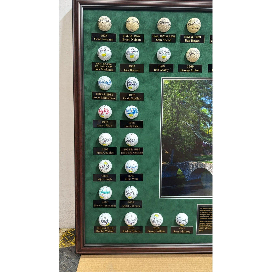 Masters Champions golf balls 45 in all Tiger Woods, Jack Nicklaus, Rory Mcllroy Ben Hogan, Arnold Palmer framed and signed with proof.