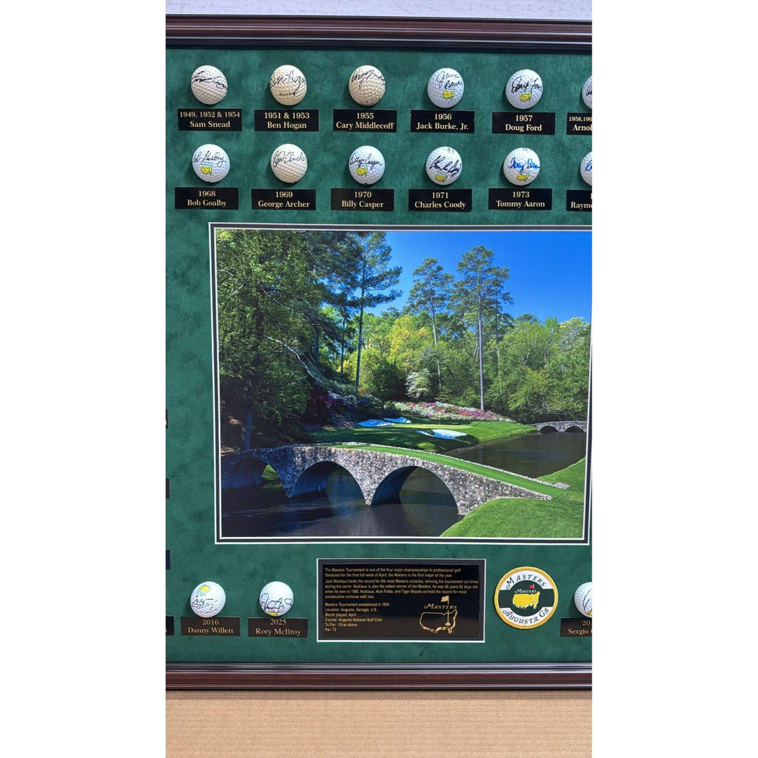 Masters Champions golf balls 45 in all Tiger Woods, Jack Nicklaus, Rory Mcllroy Ben Hogan, Arnold Palmer framed and signed with proof.
