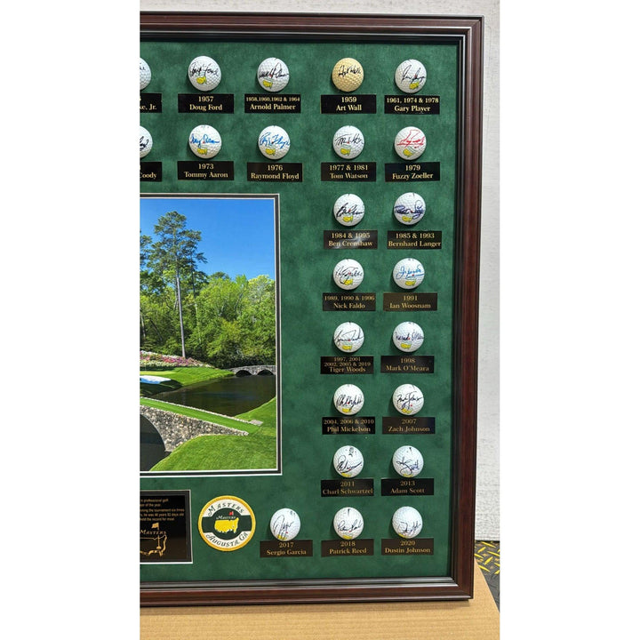 Masters Champions golf balls 45 in all Tiger Woods, Jack Nicklaus, Rory Mcllroy Ben Hogan, Arnold Palmer framed and signed with proof.