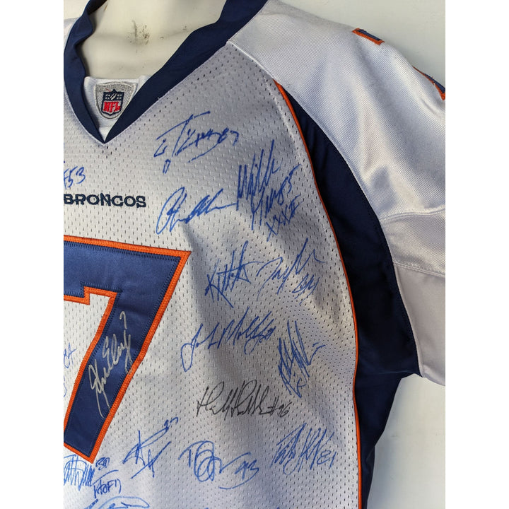 John Elway, Terrell Davis, Shannon Sharpe 1997-1998 Denver Broncos Super Bowl champions team signed jersey with proof