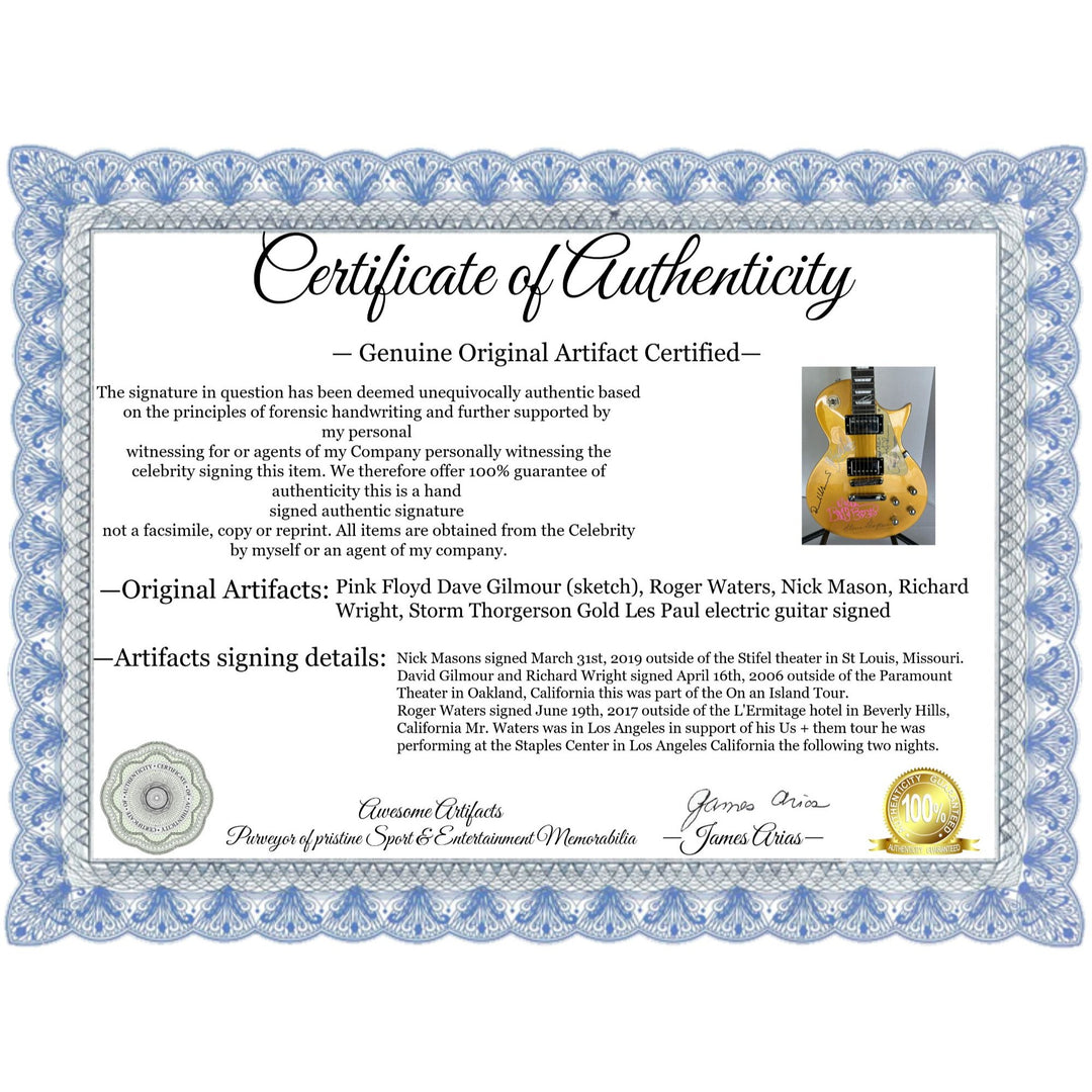 Pink Floyd David Gilmour (sketch), Roger Waters, Nick Mason, Richard Wright, Storm Thorgerson Gold Les Paul electric guitar signed